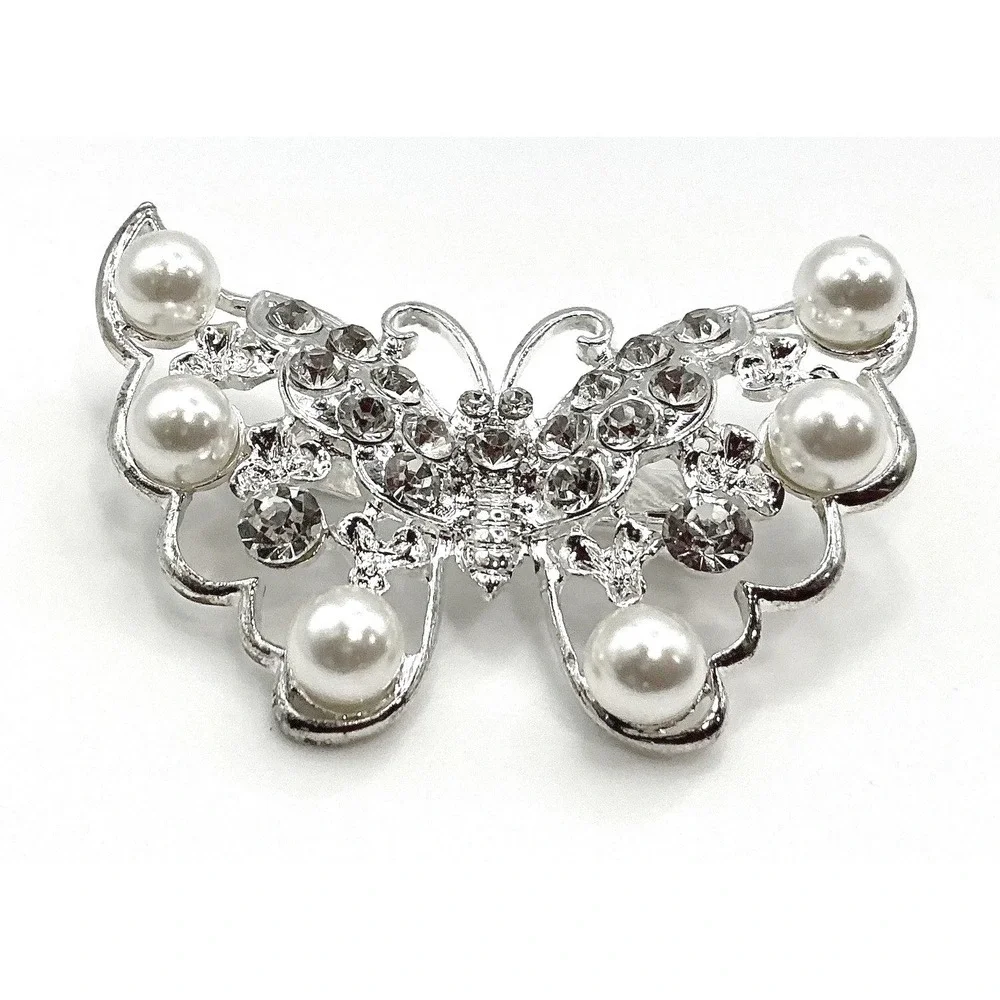 Silver Tone Butterfly‎ Brooch Rhinestone Pearl 2